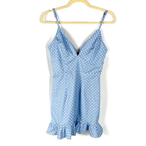 SOLD-More to Come Mayra Ruffle Dress Blue Polka Dot V-Neck Sleeveless Mini Sz XS - Picture 6 of 12